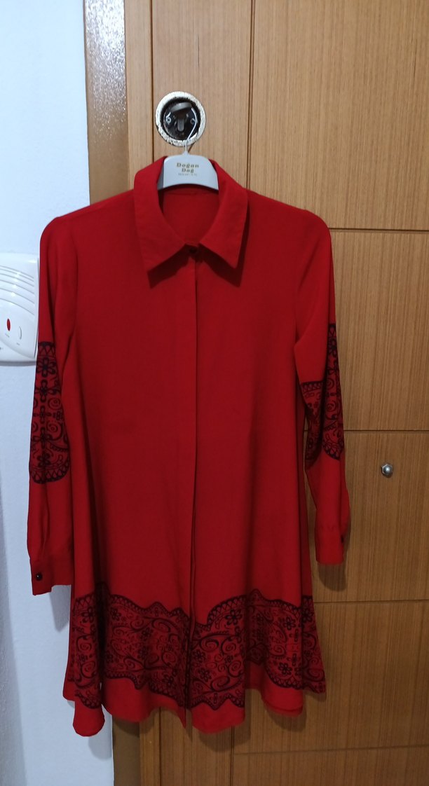 Nakışlı Kırmızı Uzun Kollu Gömlek Tunik - Görsel 2