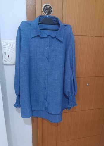 Düğmeli Mavi Keten Kadın Gömlek - Görsel 3