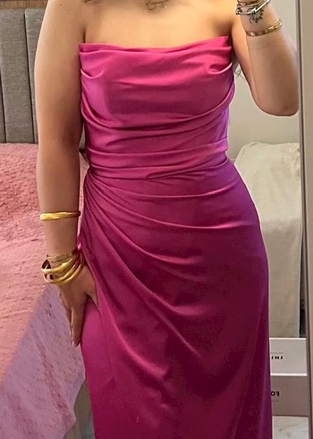 Alfabeta Pembe Drapeli Uzun Abiye Elbise