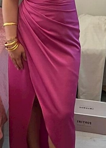 Pembe Drapeli Uzun Abiye Elbise