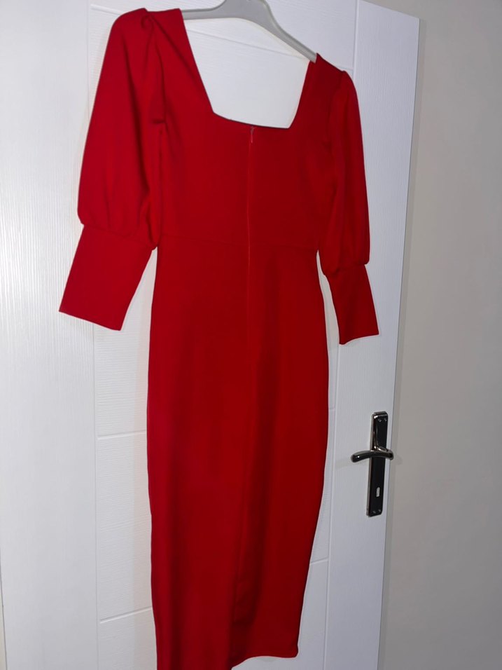 Kırmızı kare Yaka Drapeli Midi Abiye Elbise - Görsel 2