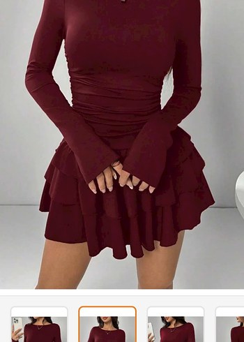 Bordo Mini Elbise, Uzun Kollu, Fırfırlı - Görsel 2