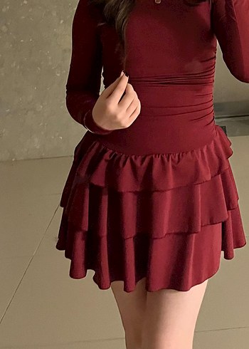 Bordo Mini Elbise, Uzun Kollu, Fırfırlı - Görsel 3