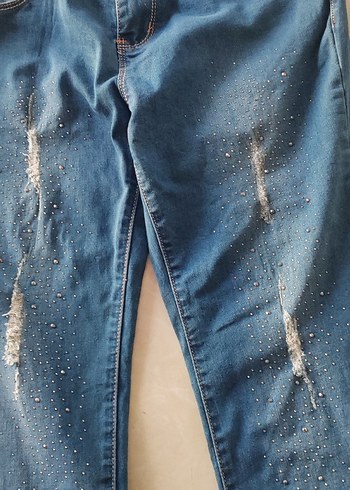 Kadın Mavi Pul İşlemeli Dar Kesim Kot - Görsel 3