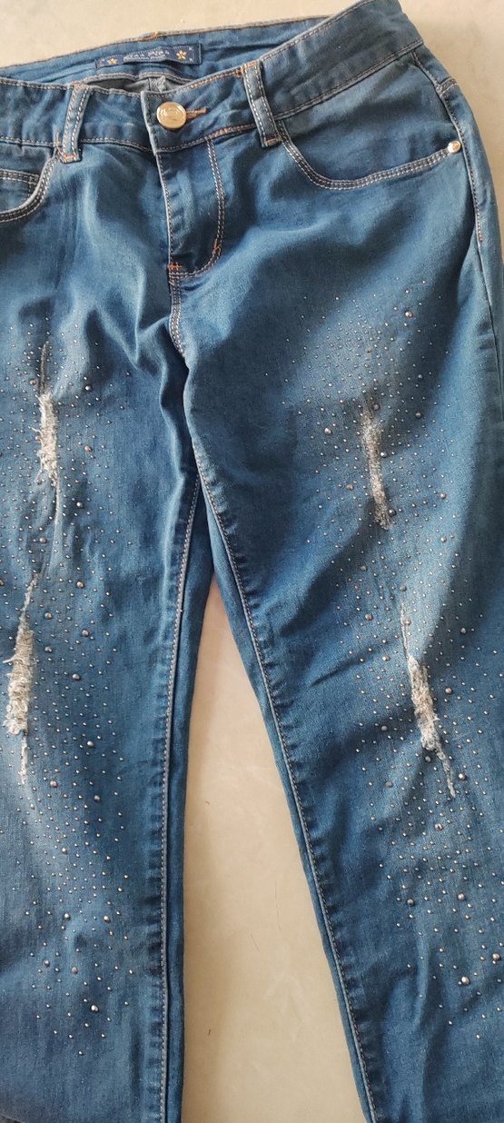 Kadın Mavi Pul İşlemeli Dar Kesim Kot - Görsel 3