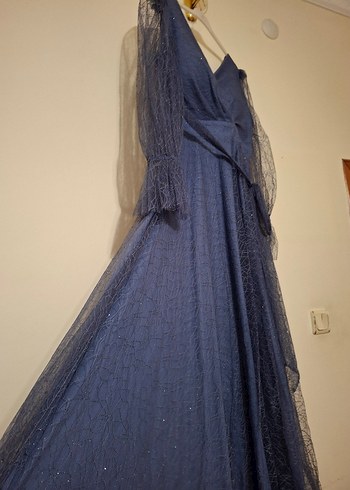 Mor Uzun V Yaka Drapeli uzun kollu simli tüllü Elbise - Görsel 8