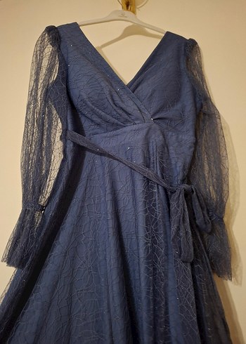 Mor Uzun V Yaka Drapeli uzun kollu simli tüllü Elbise - Görsel 7