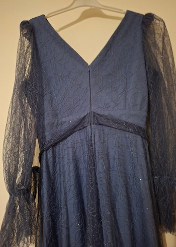 Mor Uzun V Yaka Drapeli uzun kollu simli tüllü Elbise - Görsel 11