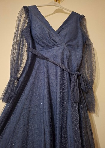 Mor Uzun V Yaka Drapeli uzun kollu simli tüllü Elbise - Görsel 6