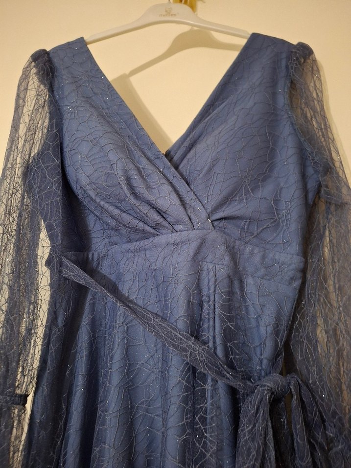 Mor Uzun V Yaka Drapeli uzun kollu simli tüllü Elbise - Görsel 4