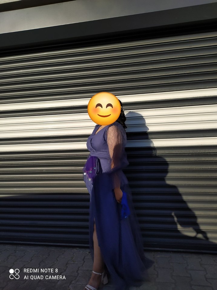 Mor Uzun V Yaka Drapeli uzun kollu simli tüllü Elbise - Görsel 2