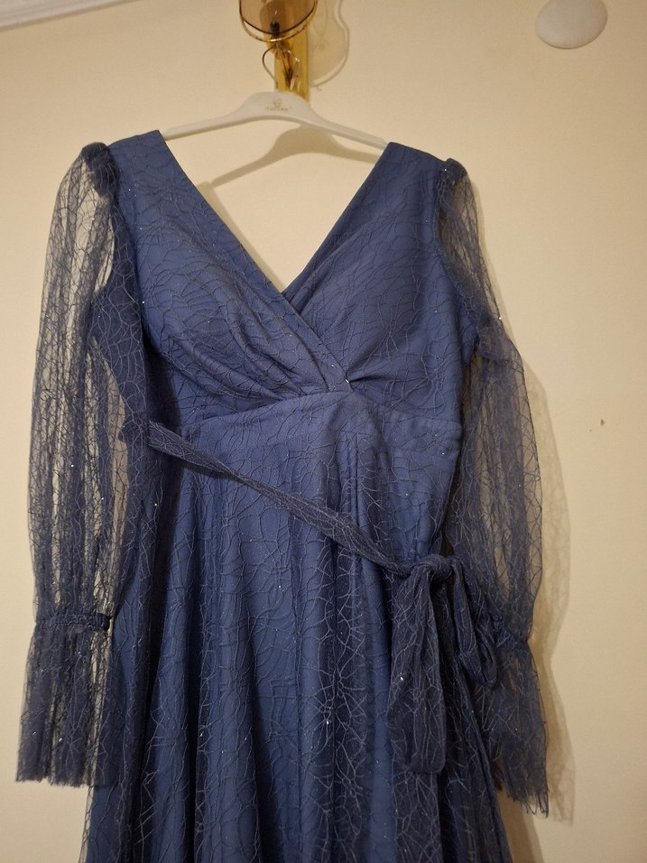 Mor Uzun V Yaka Drapeli uzun kollu simli tüllü Elbise - Görsel 5