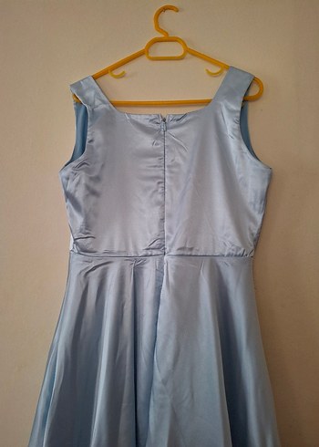 kare yaka açık mavi kısa saten elbise - Görsel 7