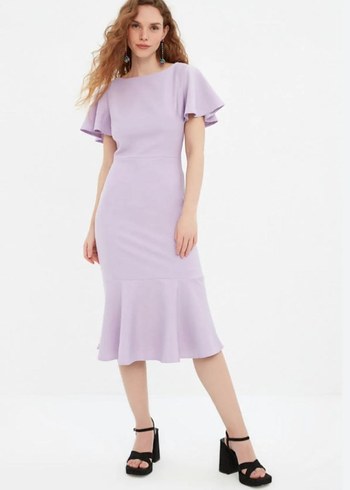 Mor Midi Kadın Elbise, Kısa Kollu, Tek Renk - Görsel 2