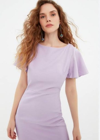 Mor Midi Kadın Elbise, Kısa Kollu, Tek Renk - Görsel 3