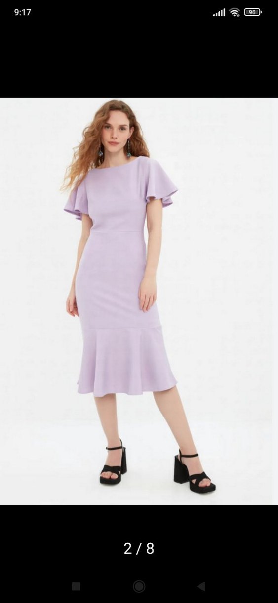 Mor Midi Kadın Elbise, Kısa Kollu, Tek Renk - Görsel 2