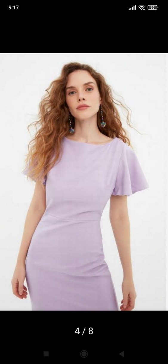 Mor Midi Kadın Elbise, Kısa Kollu, Tek Renk - Görsel 3