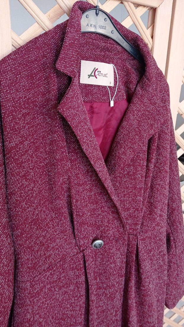 Bordo Düğmeli Uzun Yün Kabanı - Görsel 2