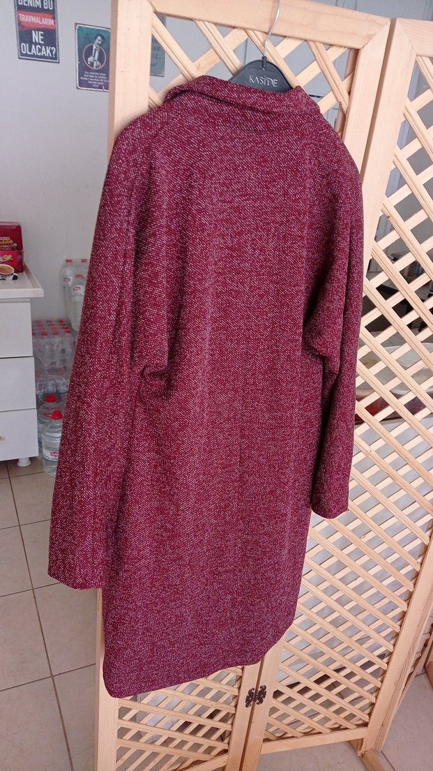 Bordo Düğmeli Uzun Yün Kabanı - Görsel 4