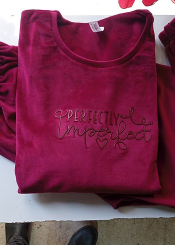 Bordo Nakışlı Rahat Kadın Pijama Takımı - Görsel 2