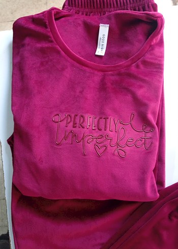 Bordo Nakışlı Rahat Kadın Pijama Takımı - Görsel 4