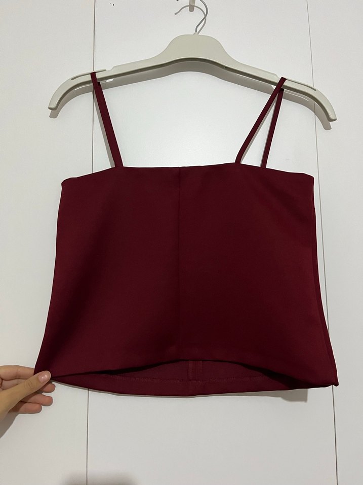 Hm Bordo İnce Askılı Şık Mini Kadın Crop - Görsel 2