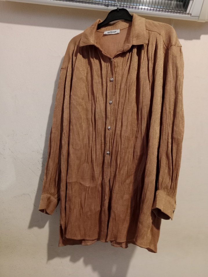 Bej Kadın Keten Düğmeli Bohem Gömlek - Görsel 2