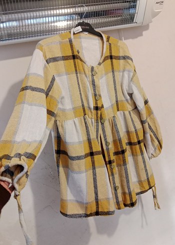 Sarı Gri Ekose Düğmeli Kadın Keten Gömlek - Görsel 2