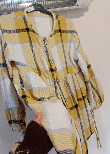 Sarı Gri Ekose Düğmeli Kadın Keten Gömlek - Görsel 3