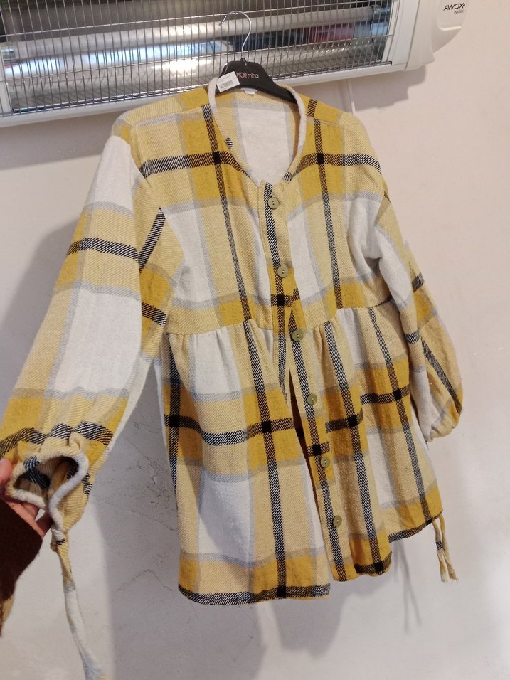 Sarı Gri Ekose Düğmeli Kadın Keten Gömlek - Görsel 2