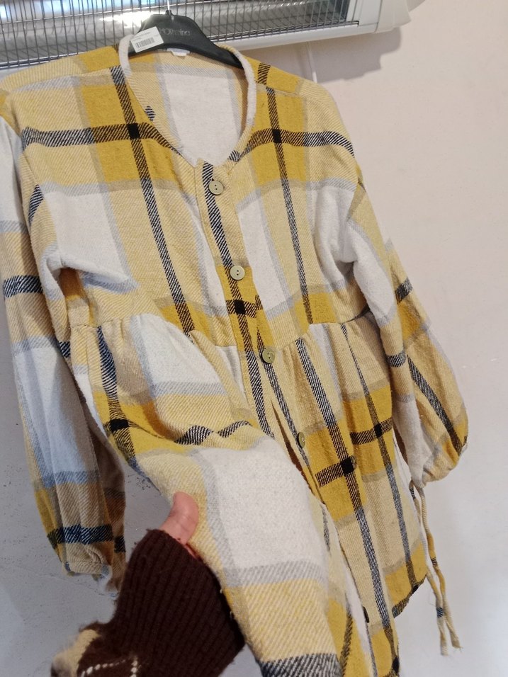 Sarı Gri Ekose Düğmeli Kadın Keten Gömlek - Görsel 3
