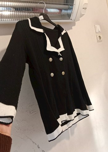 Düğmeli Siyah Beyaz Triko Kadın Kazak - Görsel 2