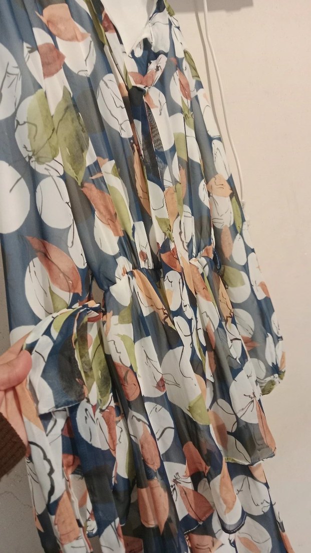 Gri Çok Renkli Uzun Bağcıklı Elbise - Görsel 3