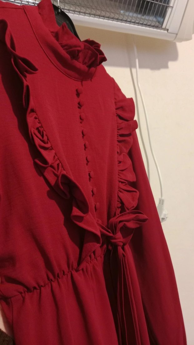 Bordo Uzun Kollu Midi Elbise - Görsel 2