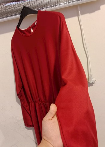 Uzun Kollu Kırmızı Salaş Uzun Elbise - Görsel 2