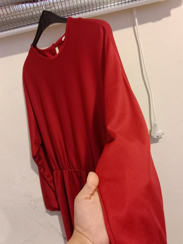 Uzun Kollu Kırmızı Salaş Uzun Elbise - Görsel 2