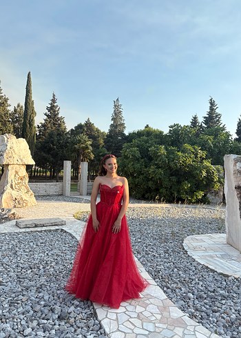 Abiye Parlak Kırmızı Straplez Uzun Abiye Elbise