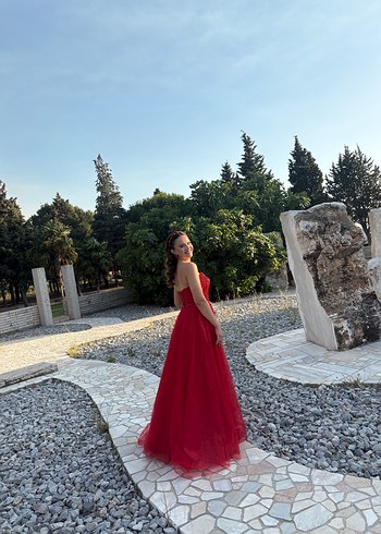 Parlak Kırmızı Straplez Uzun Abiye Elbise