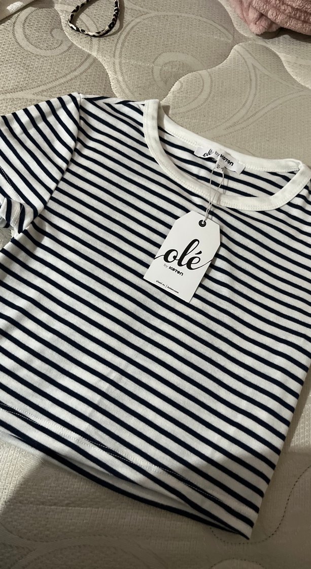 Kadın Beyaz Çizgili Kısa Kollu Tişört - Görsel 2