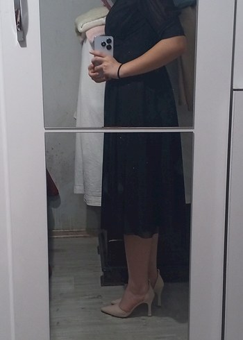 m Beden siyah Renk Siyah Transparan V Yaka Midi Elbise