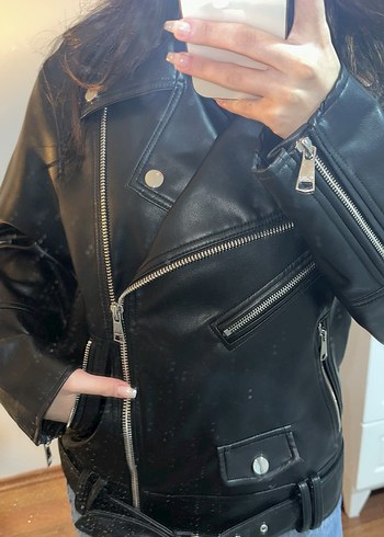 Pull bear Kadın Siyah Deri Biker Ceket - Görsel 3