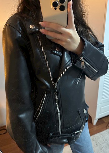 Pull bear Kadın Siyah Deri Biker Ceket - Görsel 4