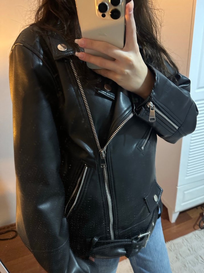 Pull bear Kadın Siyah Deri Biker Ceket - Görsel 4