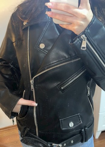 Pull and bear Siyah Deri Kadın Biker Ceket - Görsel 3