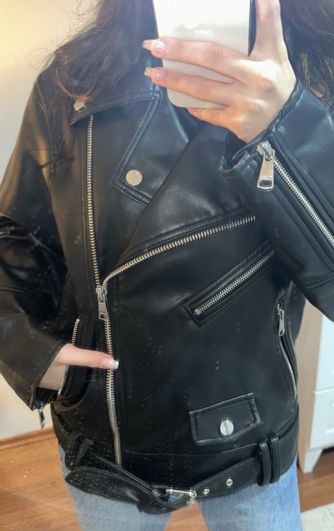Pull and bear Siyah Deri Kadın Biker Ceket - Görsel 3