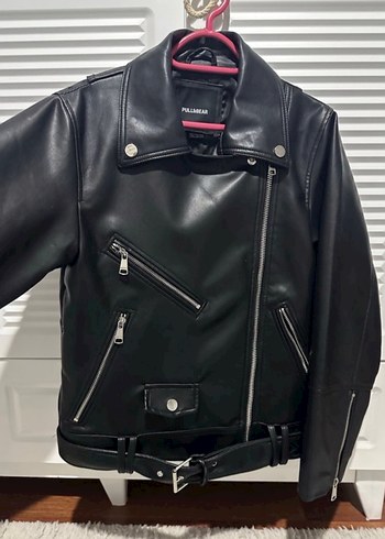 Pull and bear Kadın Siyah Deri Biker Ceket Fermuarlı - Görsel 2