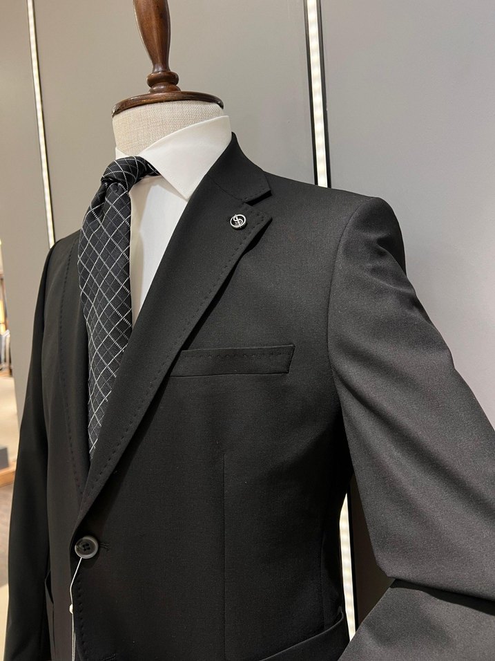 Klasik Siyah Yünlü Erkek Takım Elbise - Görsel 3