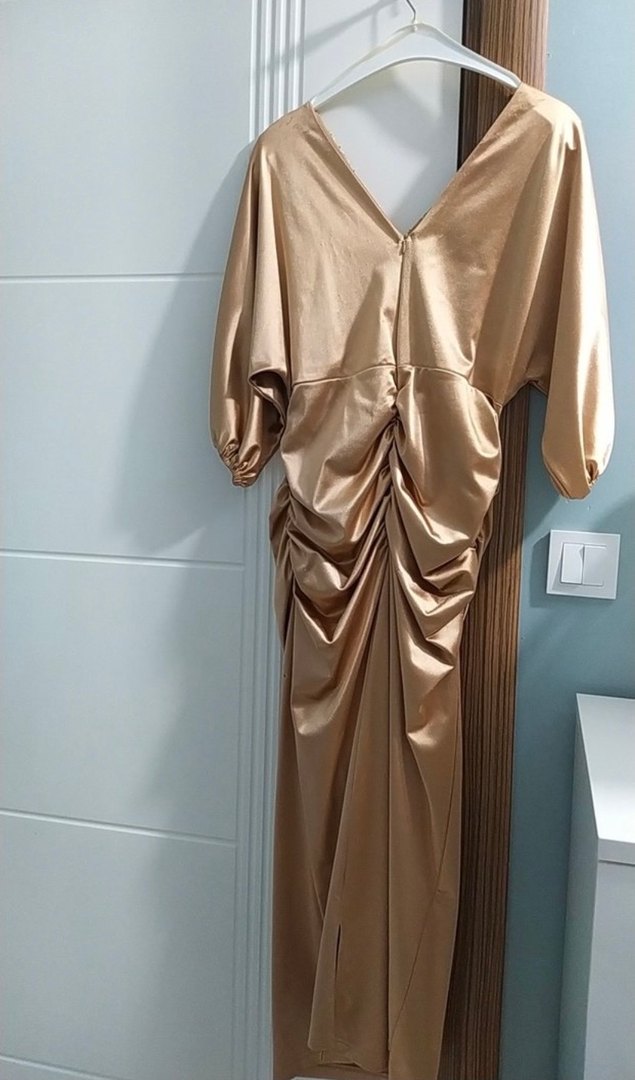 Drapeli V Yaka Uzun Abiye Elbise - Görsel 3