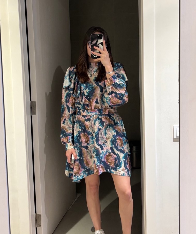 Fırfırlı, Uzun Kollu Mini Bağlama Desenli Elbise - Görsel 2