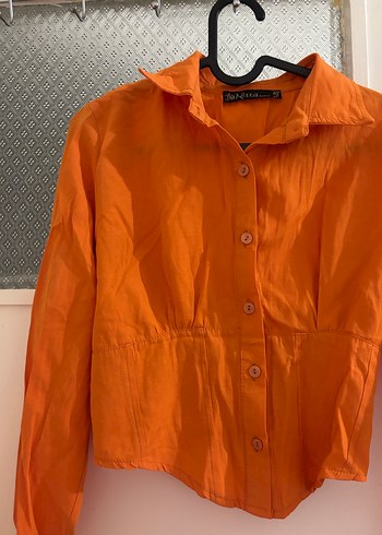 Düğmeli Turuncu Keten Kadın Gömlek - Görsel 2